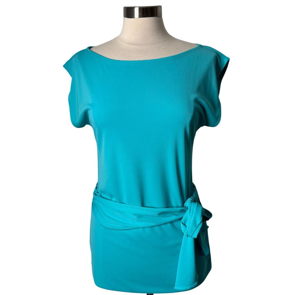 Vintage Y2K Cache Turquoise Side Tie Waist Blouse Boat Neck Top Womens Small